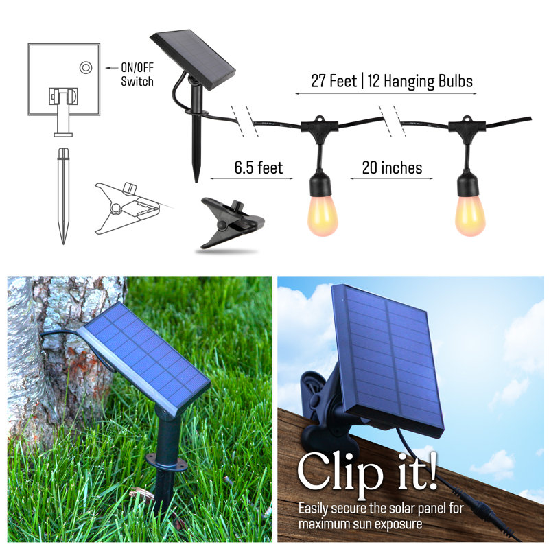 Warm White Solar Powered LED Outdoor String Lights with Flame Bulbs