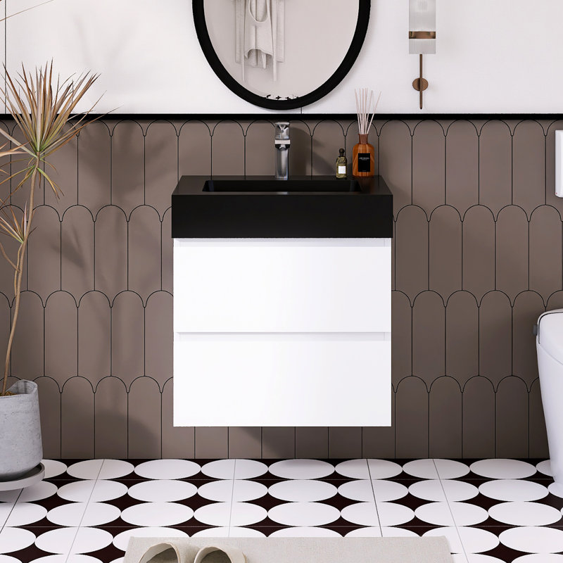 Meuble-lavabo simple 24 po avec plateau Kansiray, Blanc, Noir mat