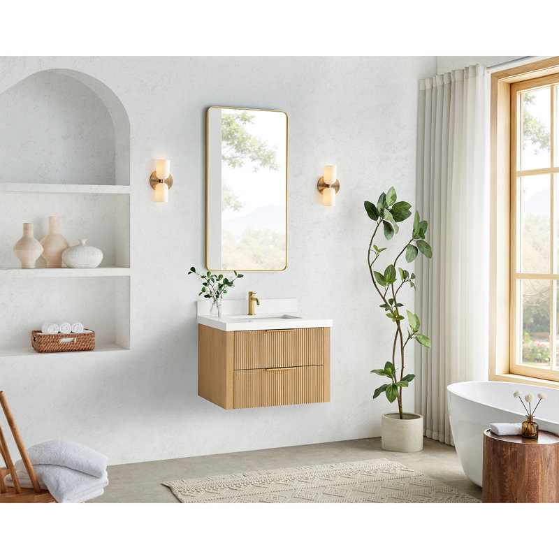 Meuble-lavabo flottant simple 30 po Barcelona en gris cendré délavé avec plateau en pierre de quartz blanc Barcelona, 30"