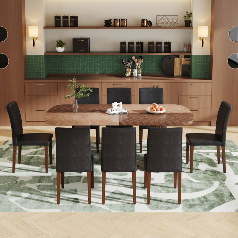 Ensemble de table de salle à manger à double caisson, Noir / brun, 9 pièces : table, 8 chaises