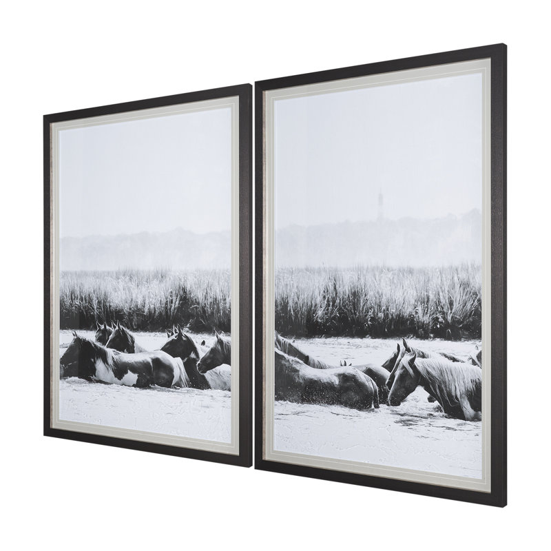 «Water Horses III 1» par PH Burchett, reproduction d'art encadrée et texturée encadrée à la main, H 43 po x l 63 po, 2