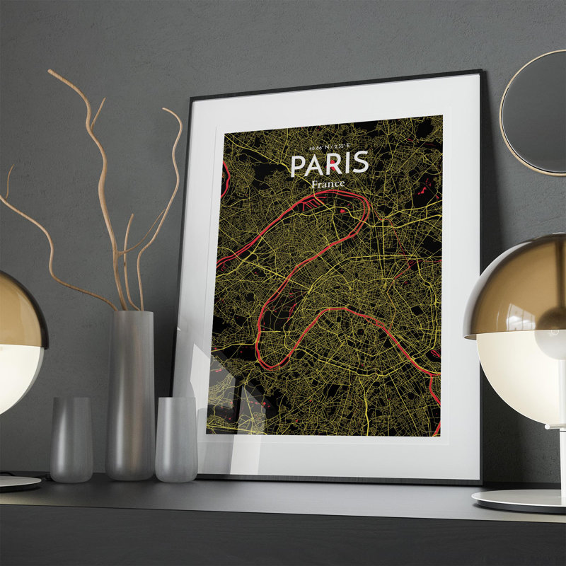 Carte de Paris, impression nautique, H 27,6 po x l 19,7 po x P 0,05 po, Noir / rouge / jaune