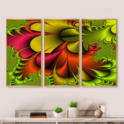 «Green and Red Abstract Digital Flowers», reproduction de cadre flottant sur toile, 3 pièces