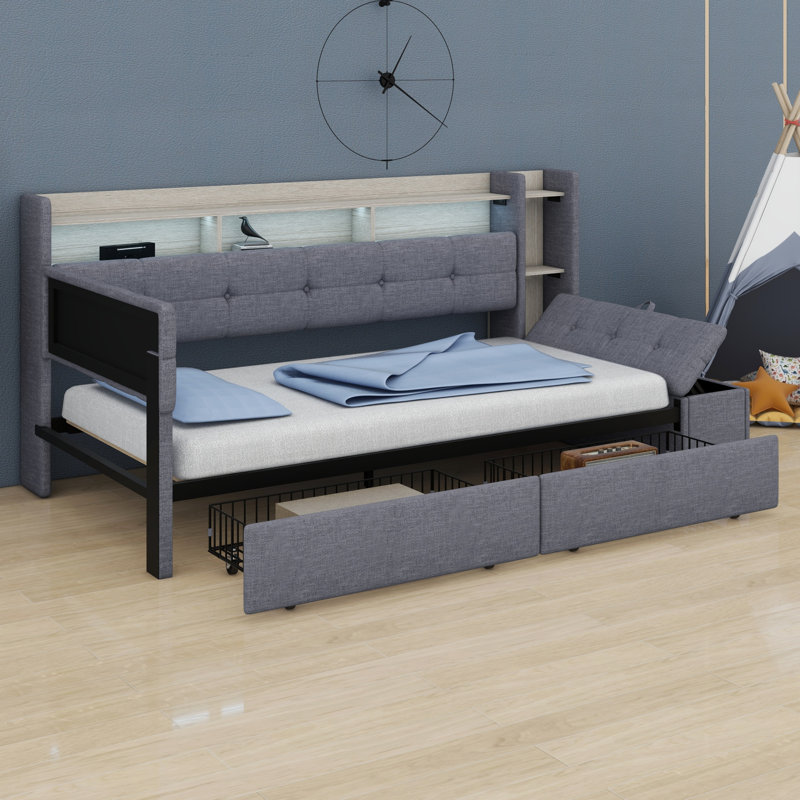Lit de jour rembourré avec repose-pieds de rangement, tiroirs, tablettes, USB et DEL, Gris