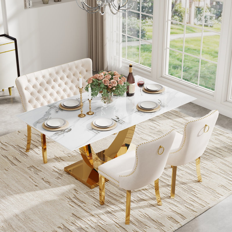 Rectangle Tempered Glass Dining Table Set with Tufted Bench, Luxury Dining Table with Tufted Velvet Dining Chair for Dining Room