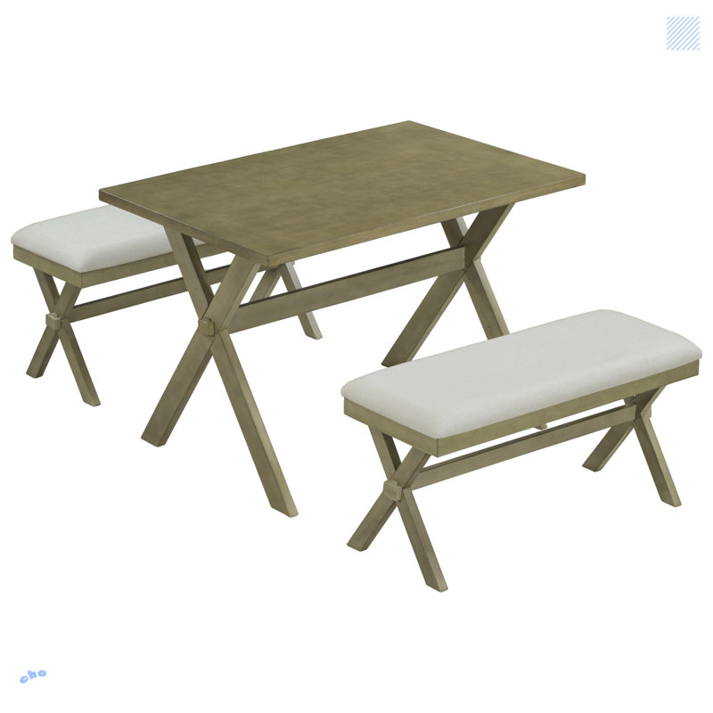 3 Pieces Farmhouse Rustic Wood Kitchen Dining Table Set, Green, Green