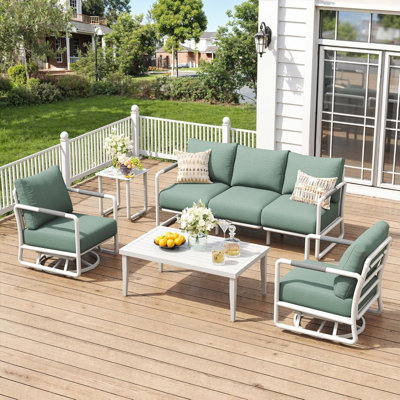 Ensemble de mobilier d'extérieur en aluminium 5 pièces, ensemble de conversation pour patio toutes saisons avec 2 chaises berçantes pivotantes