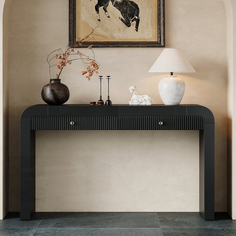Rustic Console Table With Fluted Drawer Front, Entryway Table With Curved Corners & Thick Legs, Sturdy Sofa Table For Hallway & Living Room