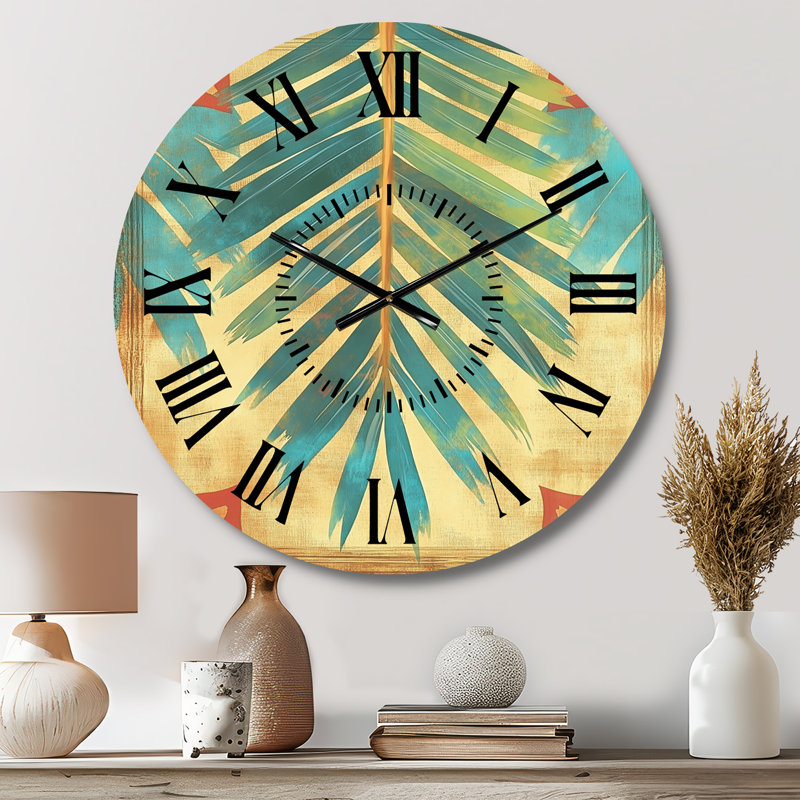 Horloge murale ronde en métal à motif de palme dans une lumière émeraude - Style tropical, Grand