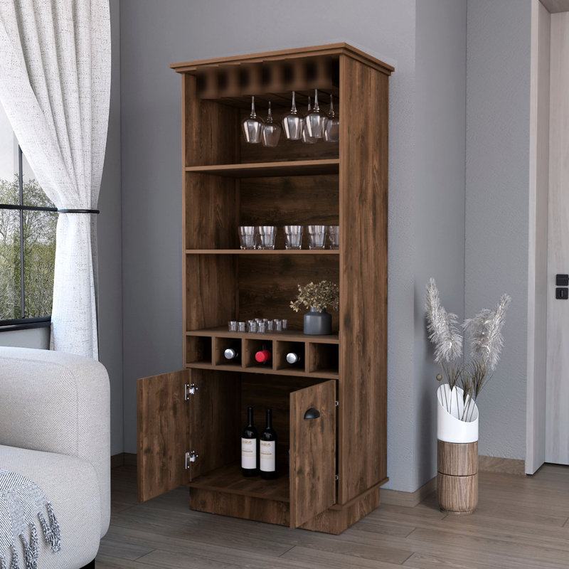 Bar fonctionnel brun foncé avec support à verres - 3 tablettes et 5 bouteilles pour une utilisation pratique en brun, vos accessoires pour boire