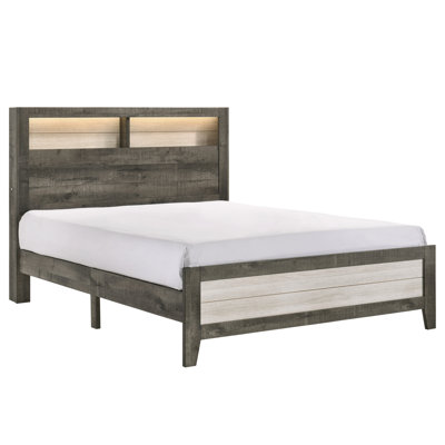 Queen Size Platform Storage Bed With Built-In Lighting, Plank-Style Headboard, Gray And Beige Wood, Contemporary Modern Style Low-Profile Beige, Shelves