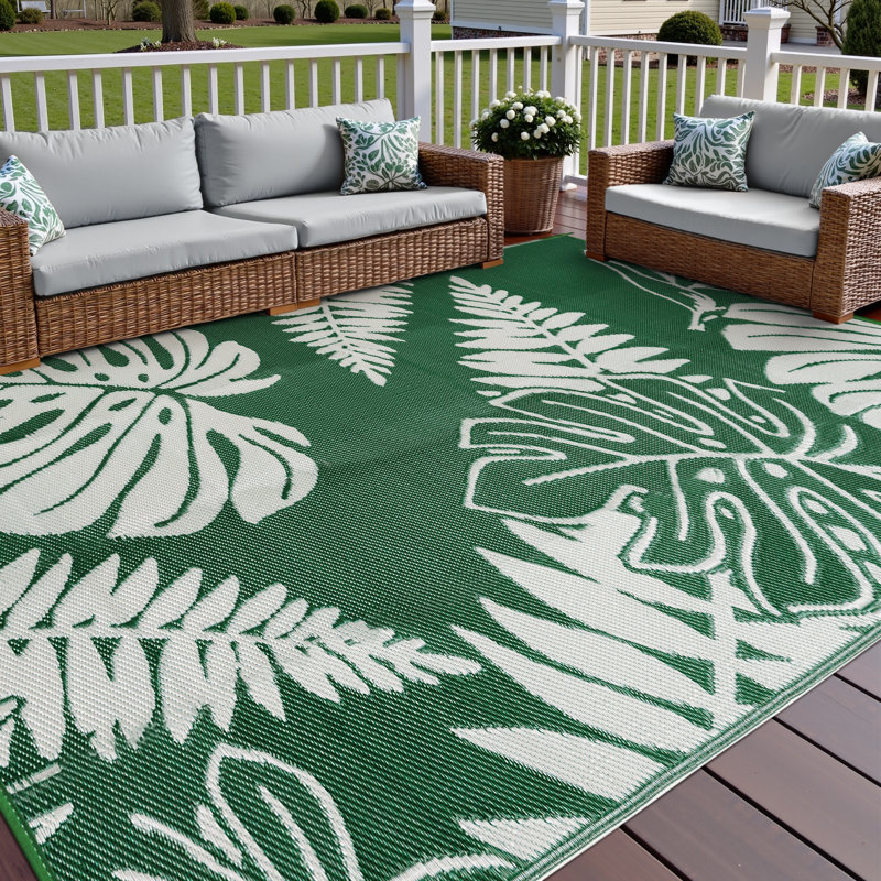 Ellie Reversible Green Leaf Outdoor Rug, Rectangle 9' x 12', Green