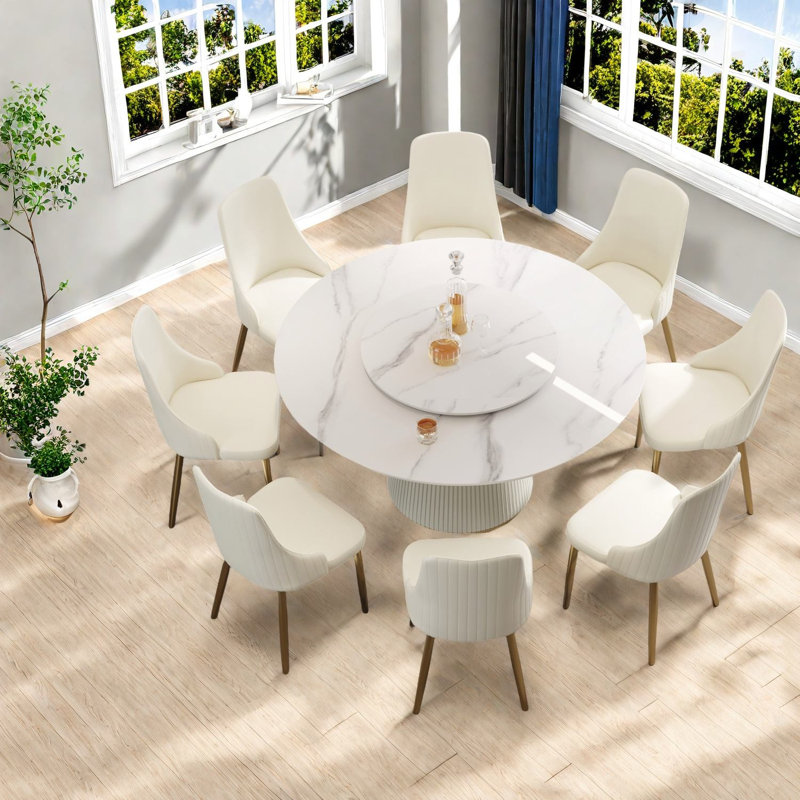 Ensemble de tables de salle à manger spacieuses et modernes avec 8 chaises, pierre frittée et base en polyuréthane