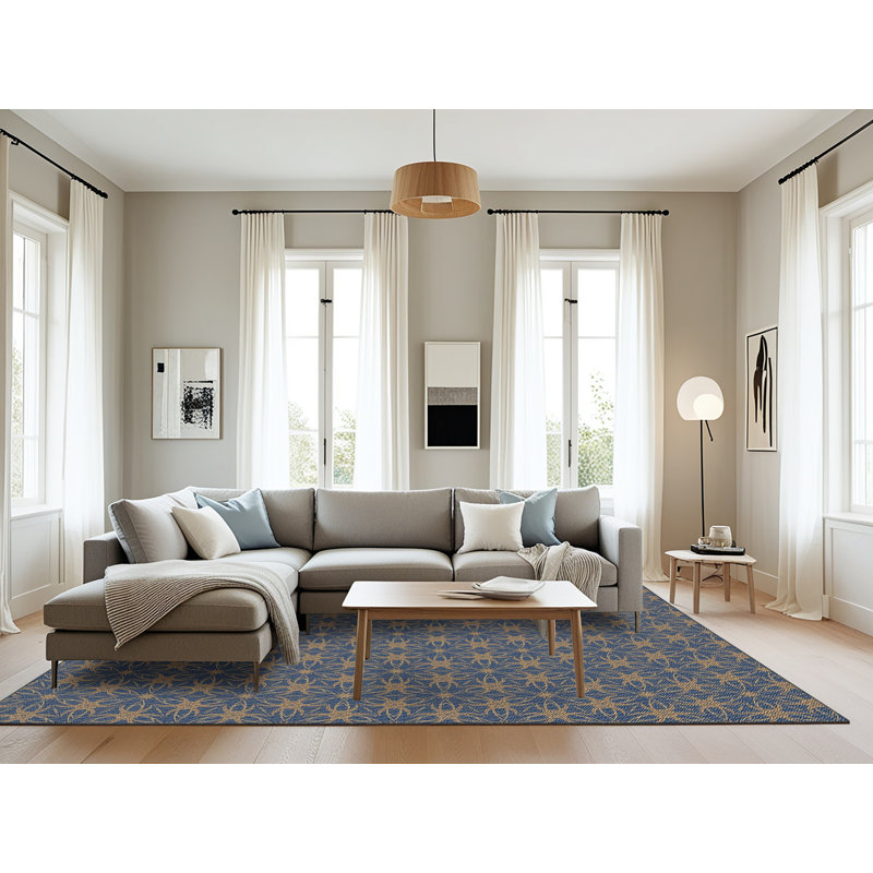 Tapis jaune/bleu marine à motifs Hinojosa, Rectangle 8 pi x 10 pi