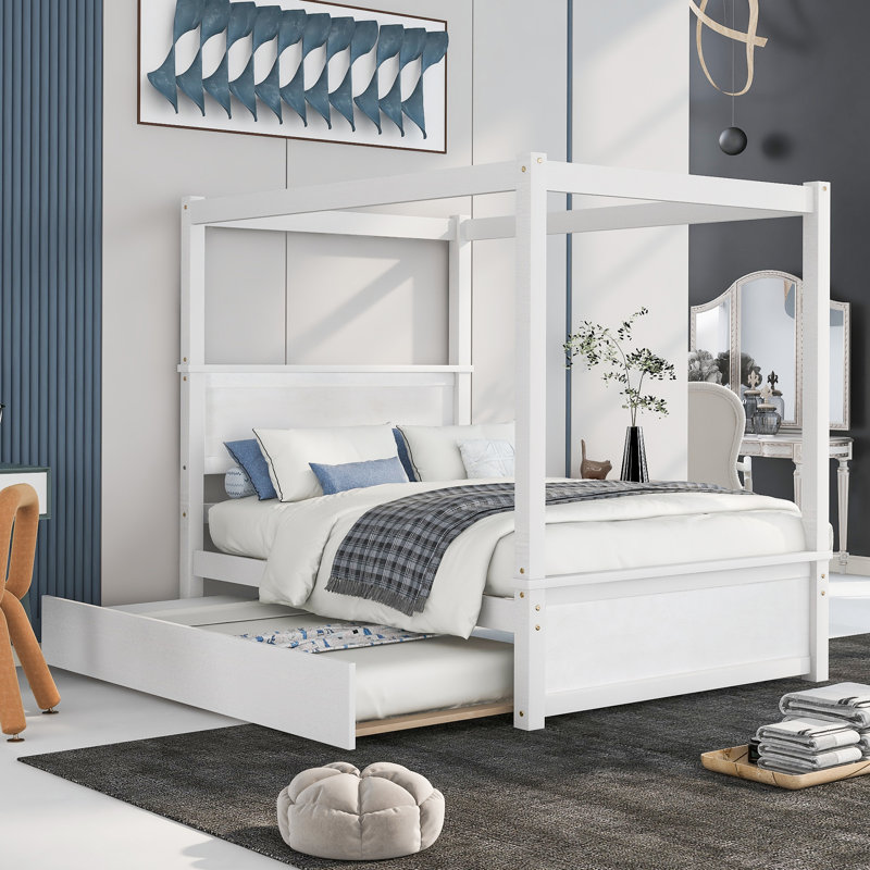 Wood Canopy Bed With Trundle Bed ,Full Size Canopy Platform Bed With  Support Slats .No Box Spring Needed, Brushed White