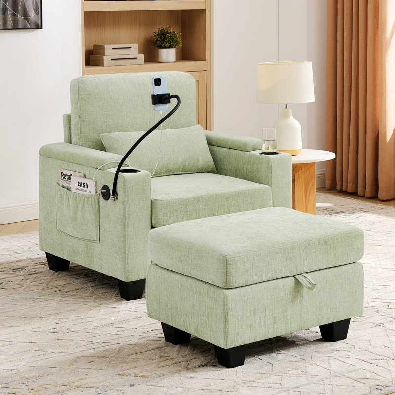 Chaise d'appoint avec dossier réglable manuellement, port de charge USB, support pour téléphone, Cyan