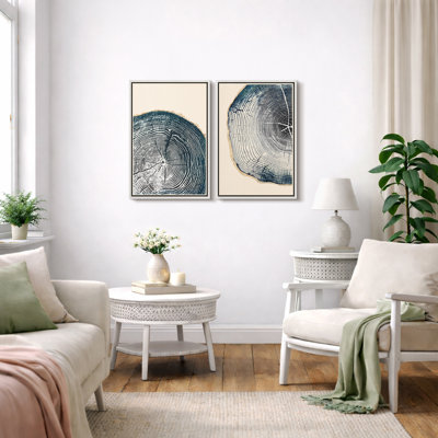 «Tree Ring», œuvre de souche en bois bleu marine, images murales simples et rustiques modernes, ensemble de 2 reproductions d'art sur toile, 16 x 24 x 2, 24 x 36 x 2