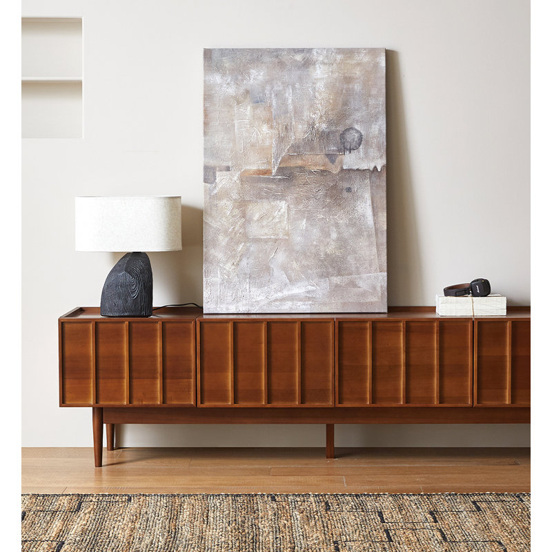 Console télé en bois massif de style Mid-Century avec façade d'armoire à lattes verticales, H 21,7 po x l 78,7 po x P 16,9 po