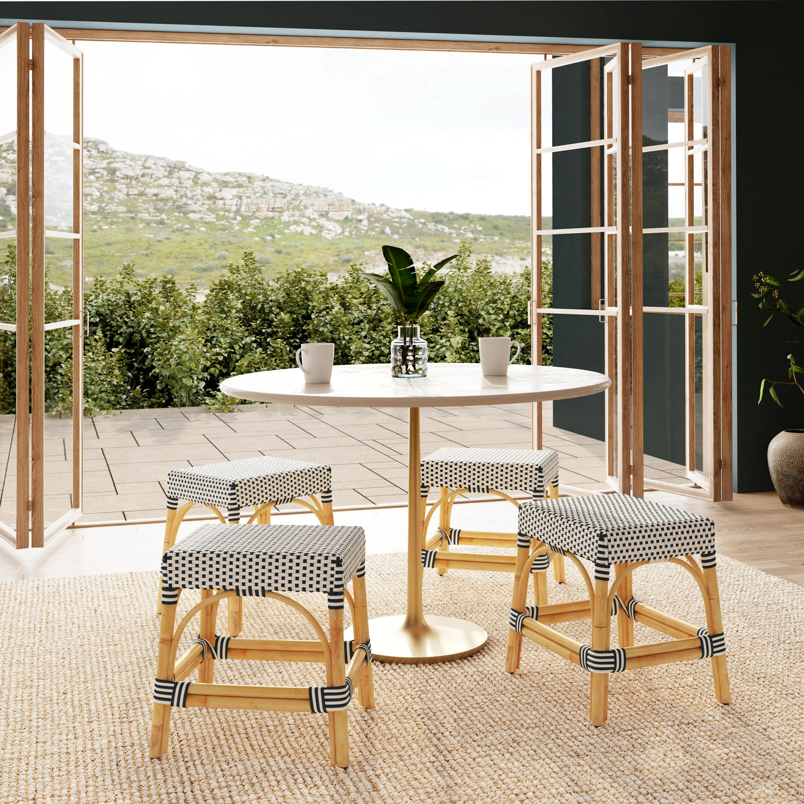 Lennart 18" Bar Stool, White/Navy Dot/ Natural Rattan Frame