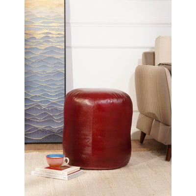 POUF BRUN EN CUIR BRUN FABRIQUÉ À LA MAIN ECOULE DE BAIN HABILLÉ - 16 po x 16 po x 16 po, de forme ronde, de couleur brune, uni, cuir Buffalo Genunie, rembourré de coton recyclé, repose-pieds pour le salon, la salle d'étude, Patio et bureau