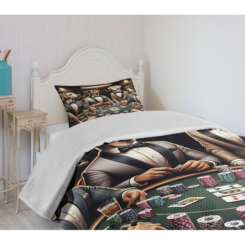 Twin Size Brown Dark Green Polyester Dog Poker Coverlet Set