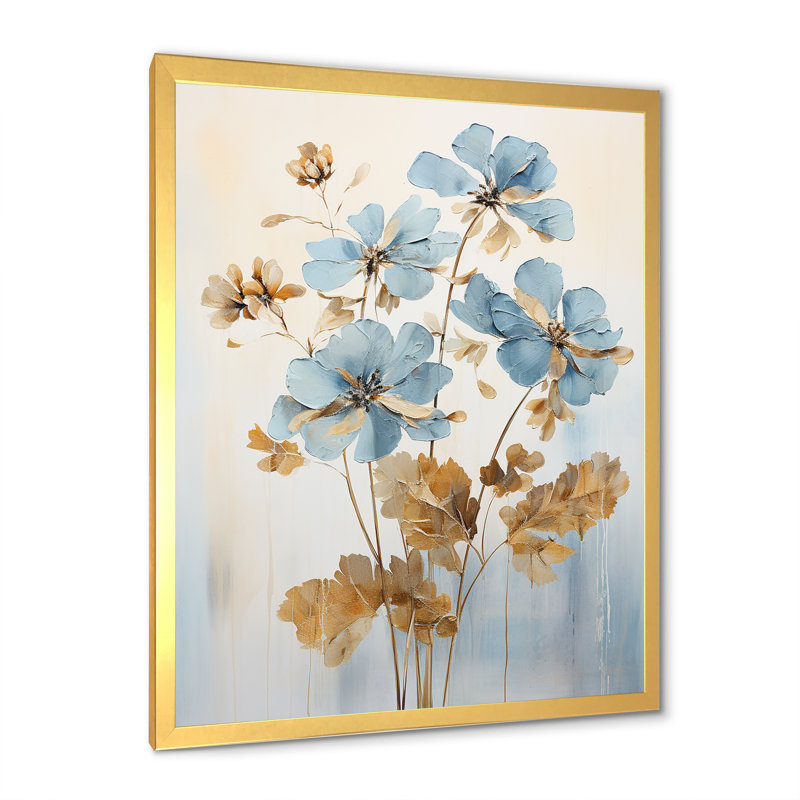 Beige et géraniums bleus - I, Cadre doré simple, H 40 po x l 30 po x P 1,5 po