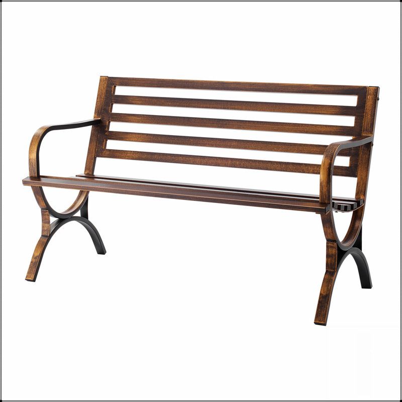 Banc d'extérieur durable avec dossier à lattes et structure en métal pour patio ou porche, sièges confortables pour 2 à 3 personnes