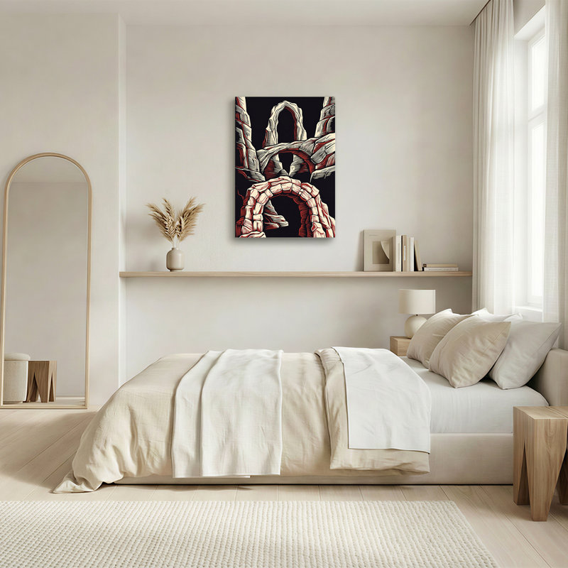 Tableau mural sur toile de style gravure sur bois avec arches en pierre rouge sur fond noir, 24"H x 18"W