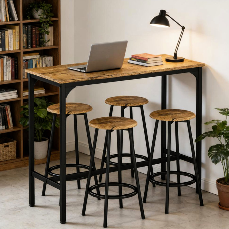 Table de cuisine et 4 chaises au charme industriel, brun rustique, métal noir, peu encombrant, fabrication, assemblage requis 5 tabourets de bar pour la cuisine, look, bois, patins réglables