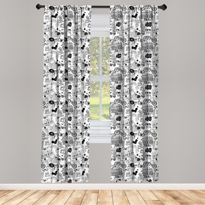 Punk Teenage Pattern Cassette Keyboard Ghost Heart and Boombox Doodle, Lightweight Decorative Semi-Sheer Rod Pocket Curtain Panels