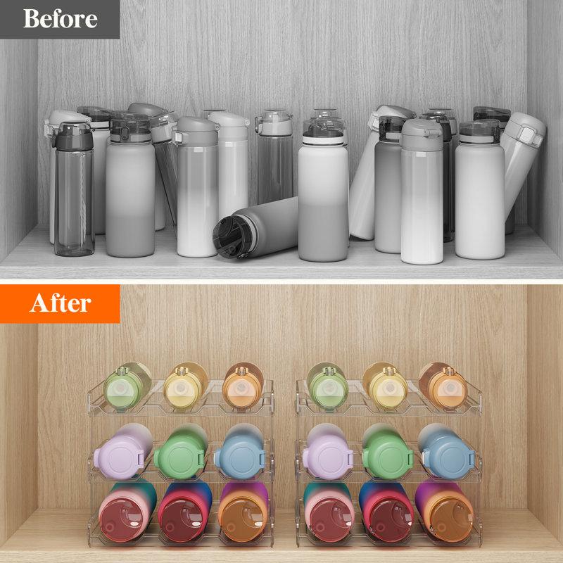 Organisateur de bouteilles d'eau empilable pour armoire, porte-bouteilles, rangement et rangement pour garde-manger, porte-bouteilles en plastique pour réfrigérateur, porte-gobelet de voyage, 3 sachets, contient 9 bouteilles