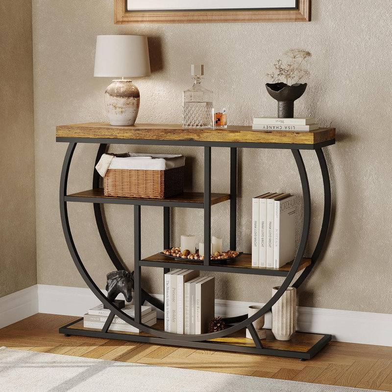 Industrial 4-Tier Narrow Entryway Table with Storage Shelves for Living Room & Hallway, Dark Brown