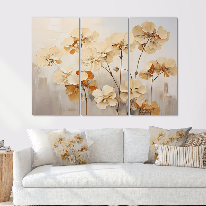 Minimalisme, géraniums beiges et bleus I - ensemble d'art mural géraniums, H 28 po x l 36 po x P 1 po, Toile tendue