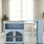 Îlot de cuisine sur roulettes avec table allongée Chariot de rangement de cuisine en panneau de fibres à densité moyenne avec prises de courant DEL 2 portes en verre cannelé côté 3 tablettes ouvertes Prise US bleue-123147626-123147625