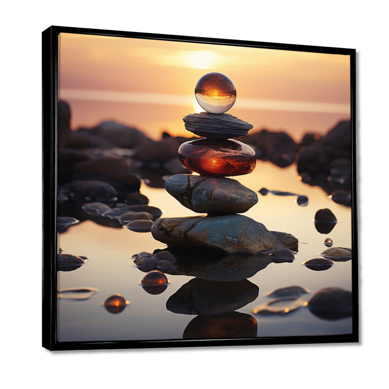 «Cairn River Rock Zenscape - Spiritual Stone», reproduction d'art mural, H 16 po x l 16 po x P 1 po, Cadre flottant noir
