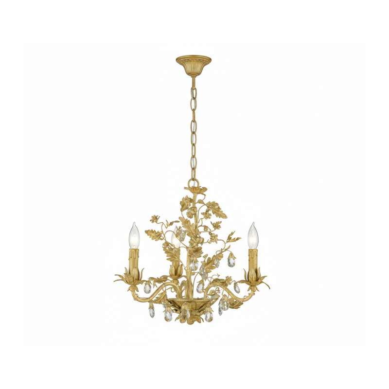 Luminaire suspendu en or 3 lumières avec détails en cristal transparent