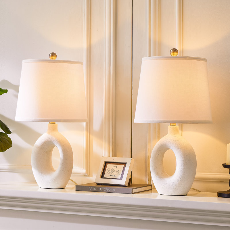 24" Modern Ceramic Table Lamp with Sculptural Ring Base and Polished Nickel Accents