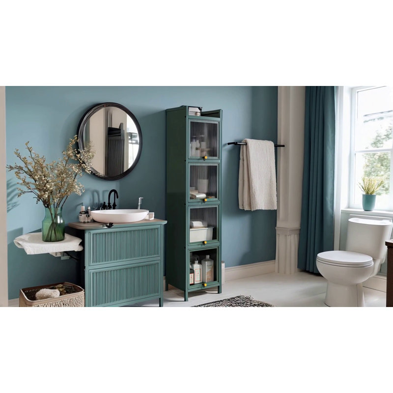 Modern Four-Tier Glass Door Cabinet, Green