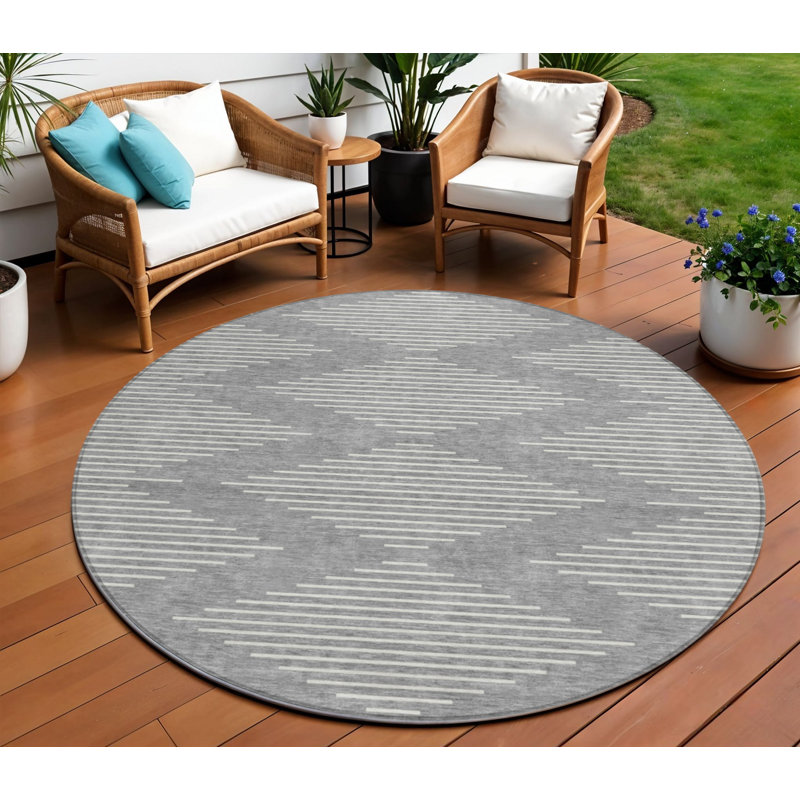 Tapis d'intérieur rond lavable à motif géométrique 8 pi gris et ivoire