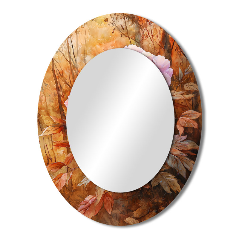 Pivoines et forêt d'automne II - Grand miroir mural ovale sur métal, 43 po x 33 po