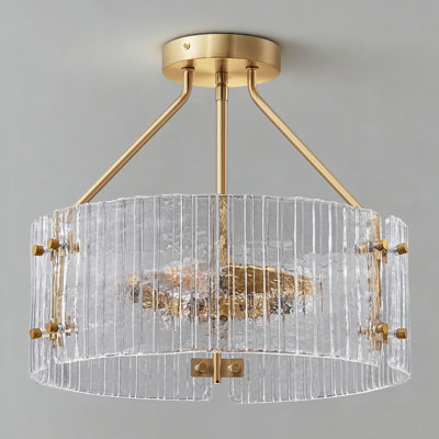 16" Modern Drum Semi-Flush Mount Ceiling Light – Gold Frame with Textured Glass Shade for Living Room, Bedroom & Entryway