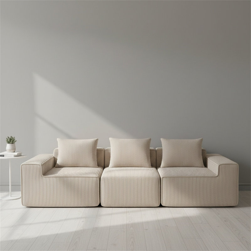 Canapé modulaire en velours côtelé à assise profonde avec style moderne à bras bas et support en mousse haute densité, Beige