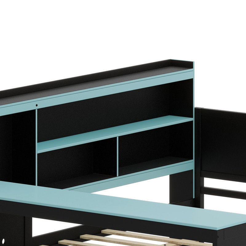 Cadre de lit multifonctionnel avec bureau intégré, tiroirs de rangement et prises de courant, Noir + bleu