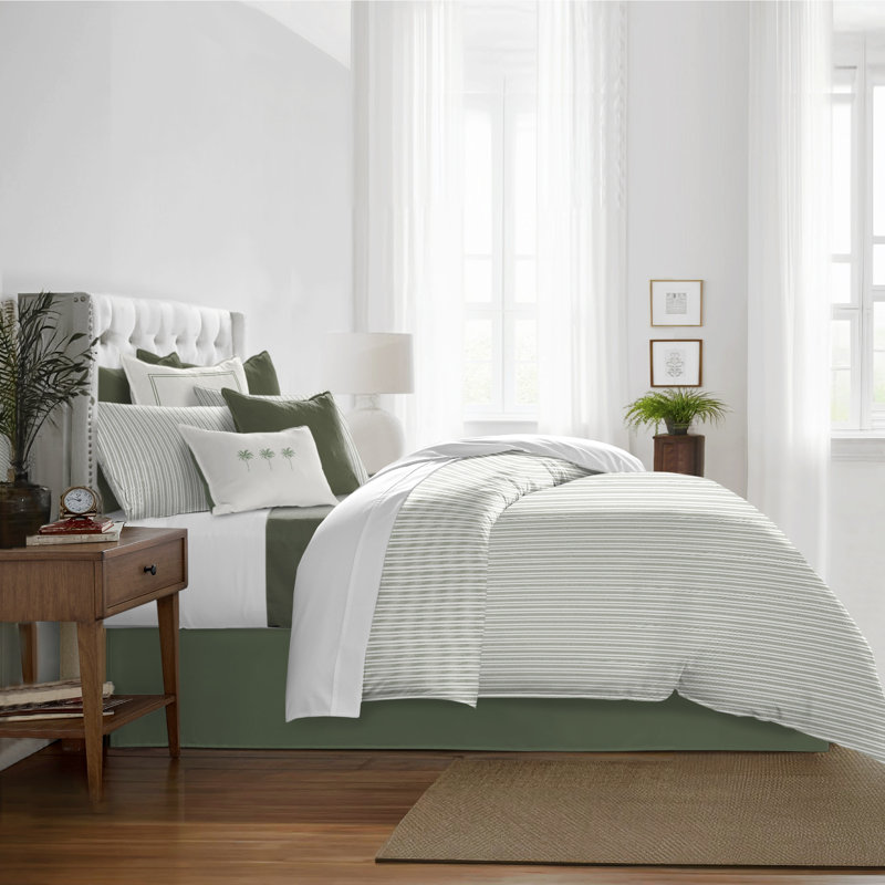 Pacific Stripe Reversible Cotton Duvet Cover Set, Sweet Grass, Queen Duvet Cover + 2 Queen Shams