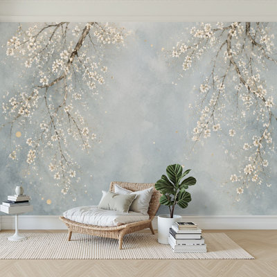 Wall Mural Peel and Stick Wallpaper Elegant Cherry Blossom Tree Branches Blue Self-Adhesive Removable Contact Paper Wall Decor for Living Room Bedroom 100"H x 144"W