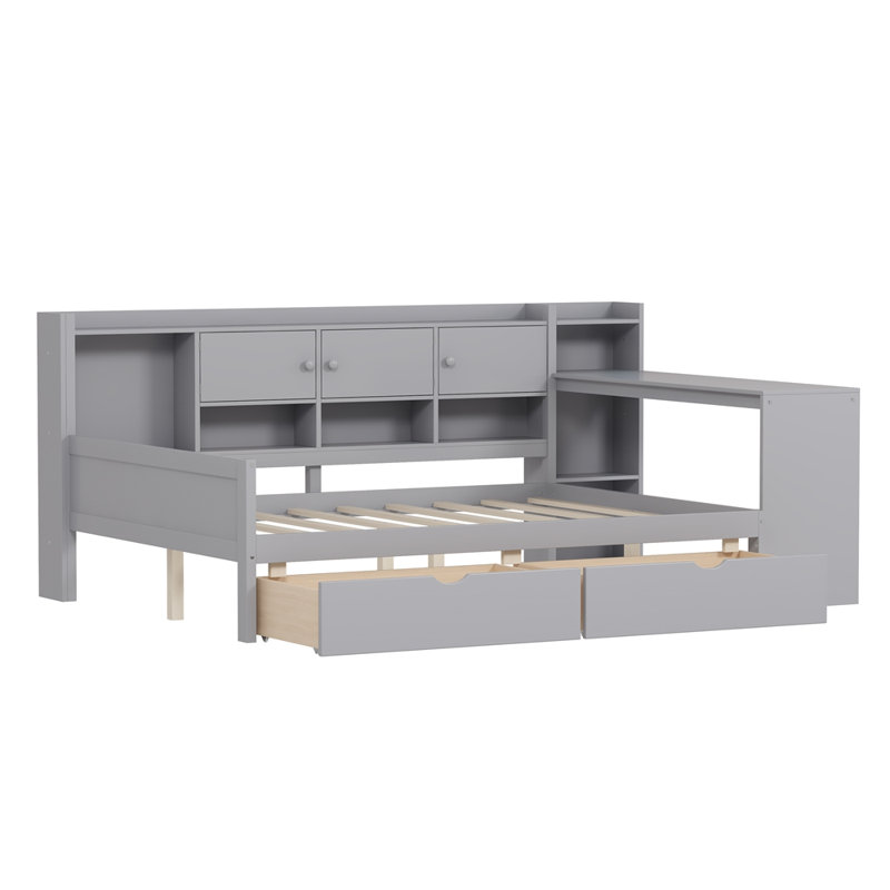 Lit de jour double avec rangement, structure en L, bureau d'étude et bibliothèque intégrée pour une utilisation multifonctionnelle dans la chambre à coucher