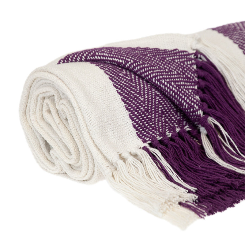 Jeté rayé en coton tissé, Rayé mauve / blanc