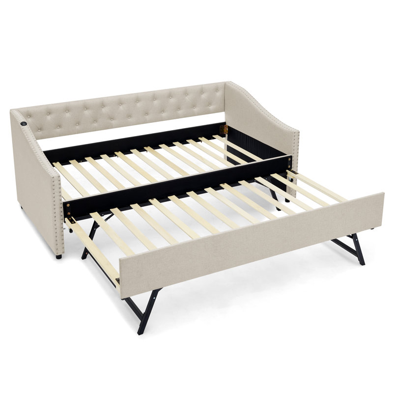 Twin Size Daybed with Pull-Out Extendable Bed, Button Tufted Back, Wave Shaped Arms with Nailhead Trim, USB Charging, Beige