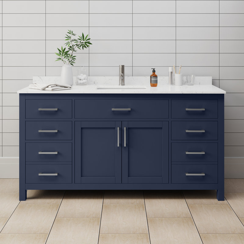 Beckett 66" Freestanding Single Bathroom Vanity with Cultured Marble Top, Carrara Cultured Marble, Dark Blue, Brushed Nickel