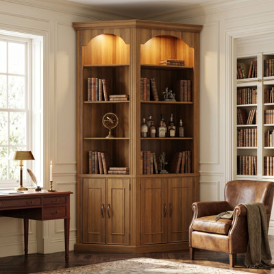 Bibliothèque d'angle haute de 90,3 po avec portes d'armoire, 2 projecteurs supérieurs et éclairage tricolore Busby